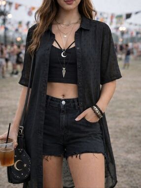 Elle Sheer Black Button Down Shirt Polka Dot Textured Festival Layering Top